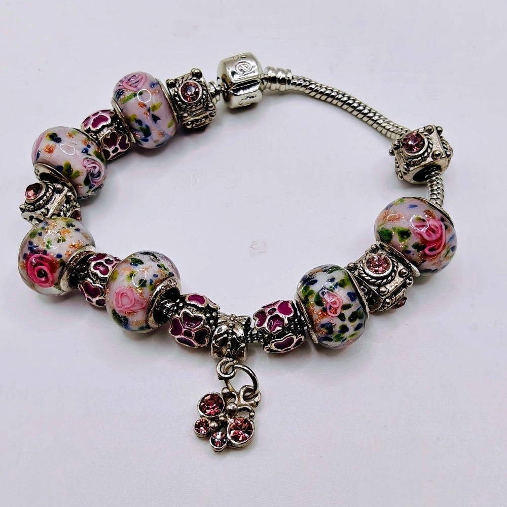 Italian Handmade 925 Sterling Silver Murano Glass Gemstone Charm Bracelet Pink